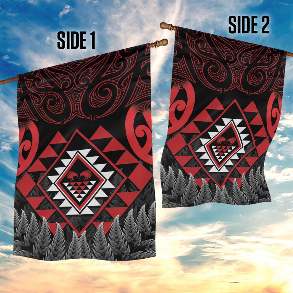 Aotearoa Kiwi Taniko Garden Flag Silver Fern With Maori Koru Pattern - Vibe Hoodie Shop