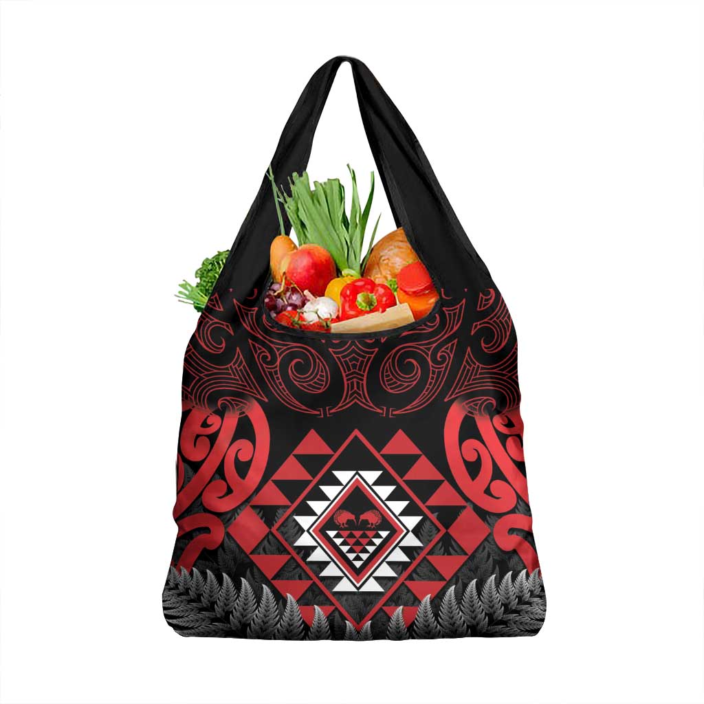 Aotearoa Kiwi Taniko Grocery Bag Silver Fern With Maori Koru Pattern