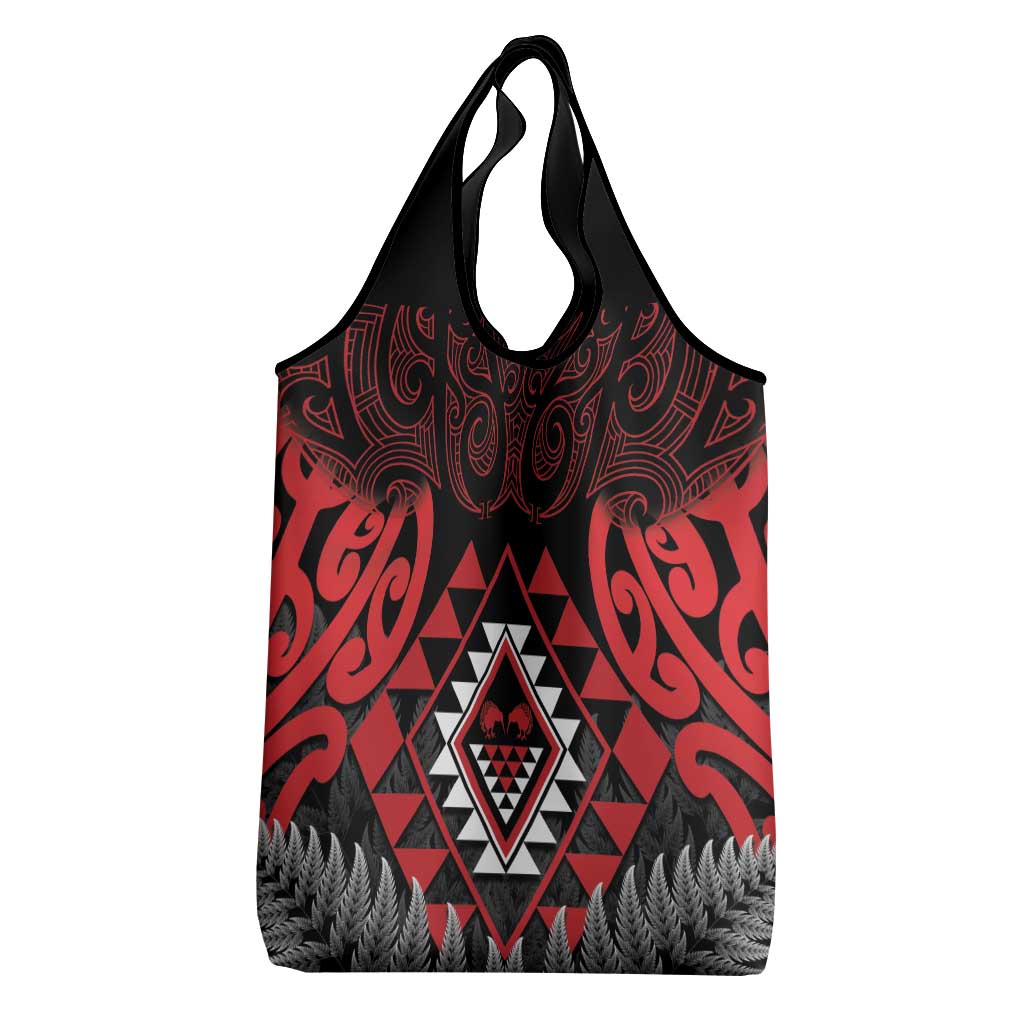 Aotearoa Kiwi Taniko Grocery Bag Silver Fern With Maori Koru Pattern