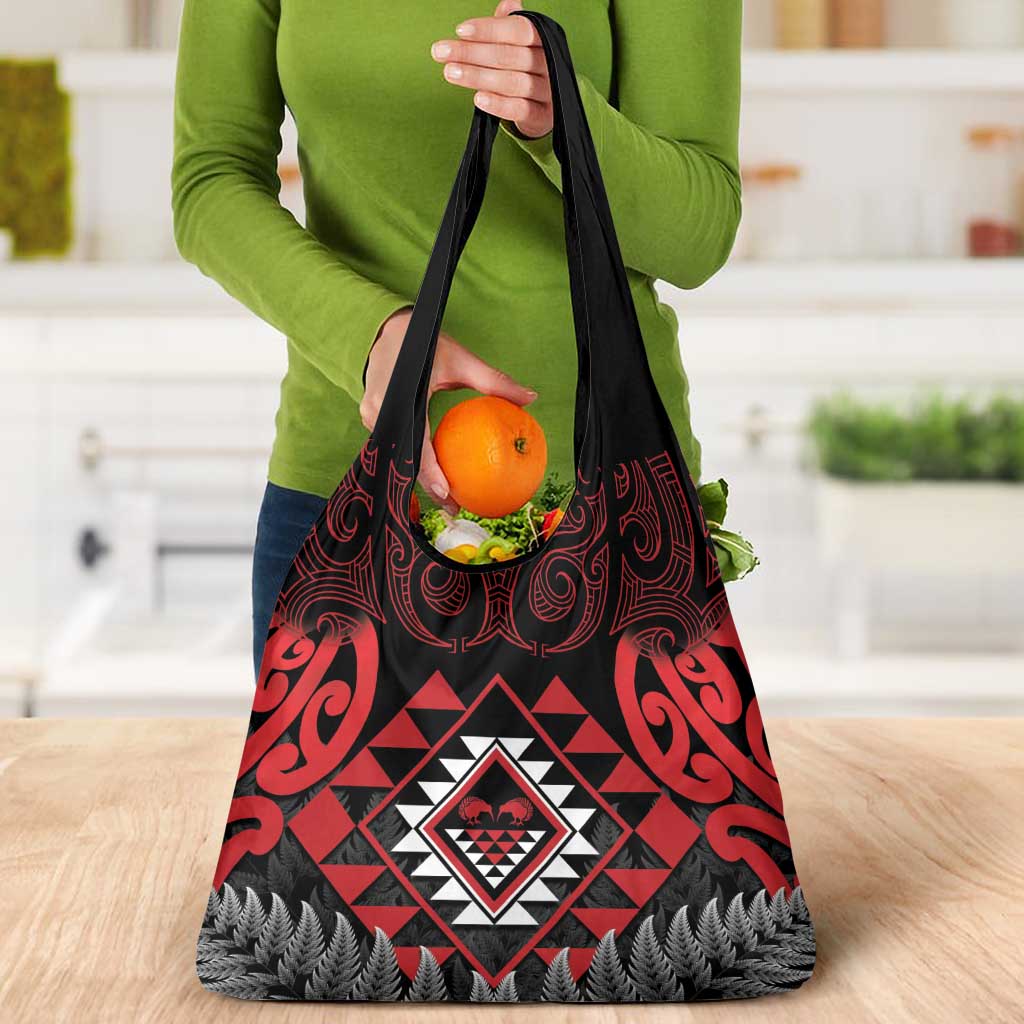 Aotearoa Kiwi Taniko Grocery Bag Silver Fern With Maori Koru Pattern