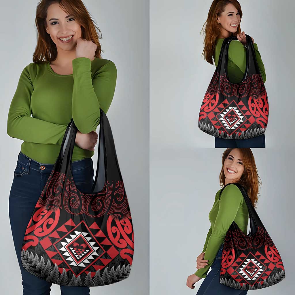 Aotearoa Kiwi Taniko Grocery Bag Silver Fern With Maori Koru Pattern