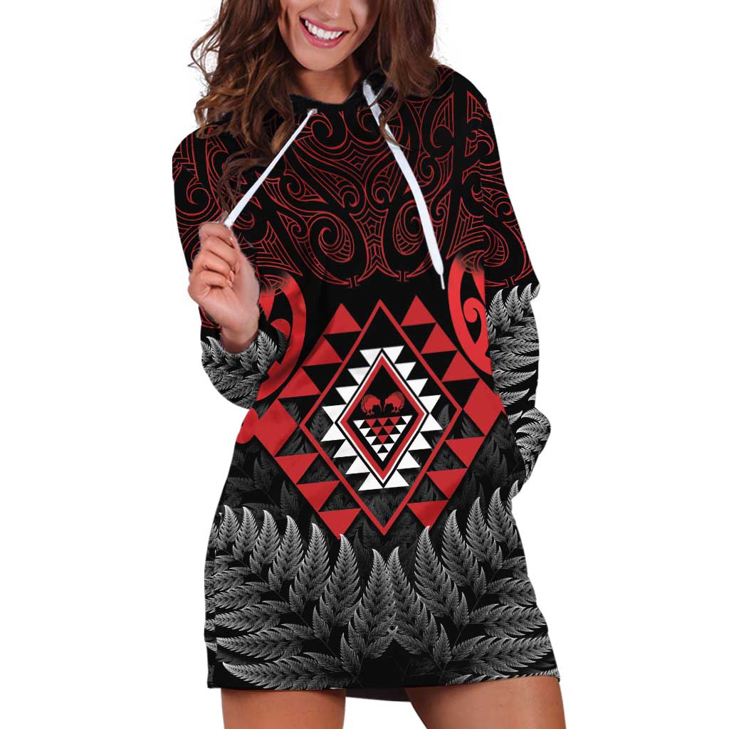 Aotearoa Kiwi Taniko Hoodie Dress Silver Fern With Maori Koru Pattern - Vibe Hoodie Shop