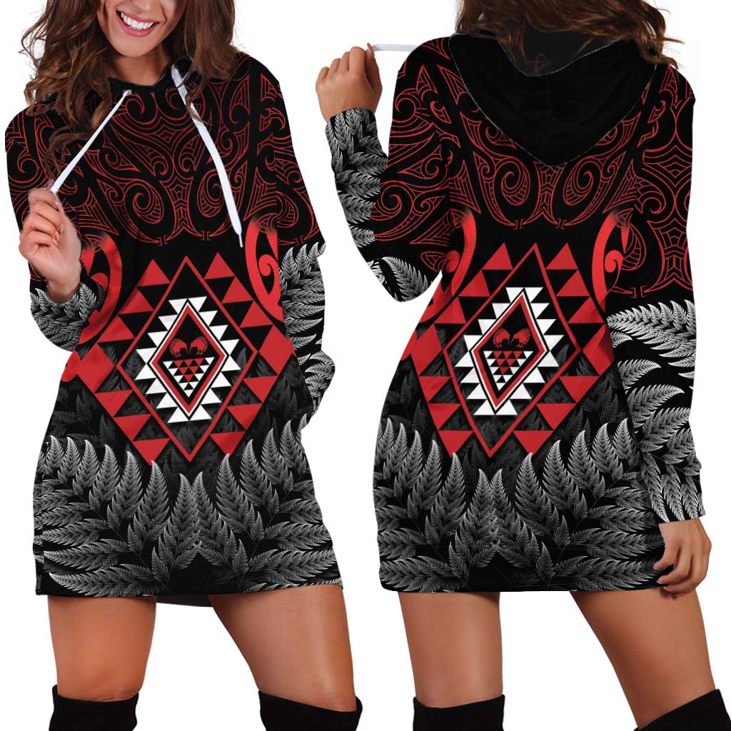 Aotearoa Kiwi Taniko Hoodie Dress Silver Fern With Maori Koru Pattern - Vibe Hoodie Shop