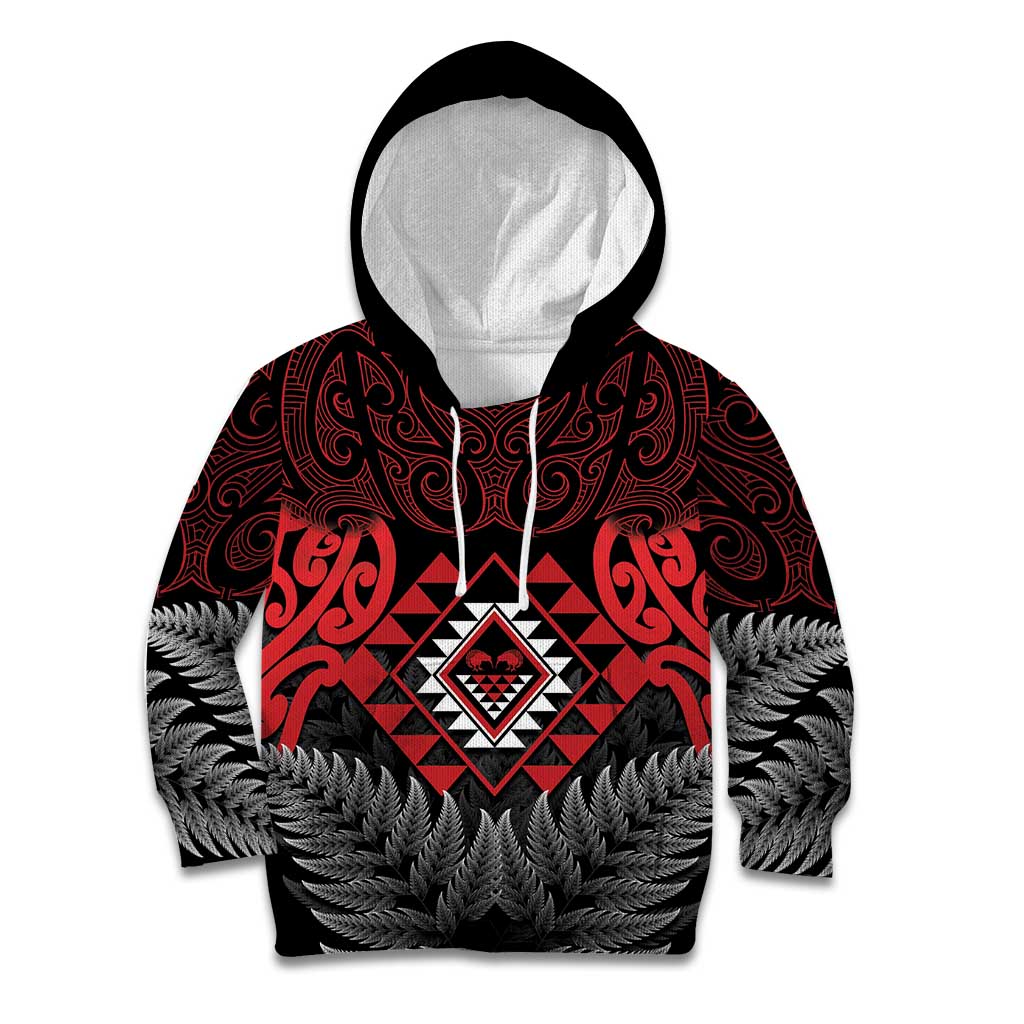 Aotearoa Kiwi Taniko Kid Hoodie Silver Fern With Maori Koru Pattern - Vibe Hoodie Shop