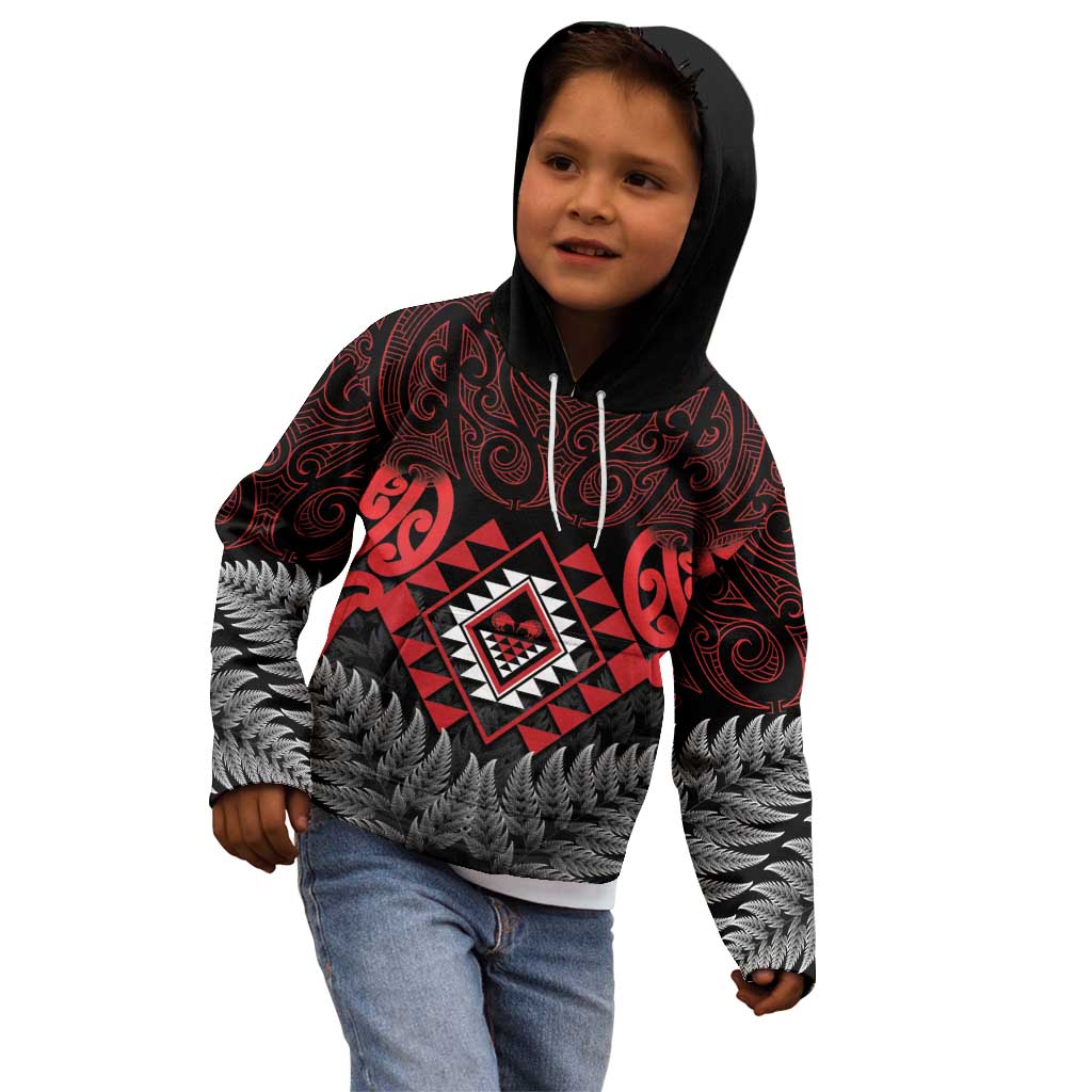 Aotearoa Kiwi Taniko Kid Hoodie Silver Fern With Maori Koru Pattern - Vibe Hoodie Shop