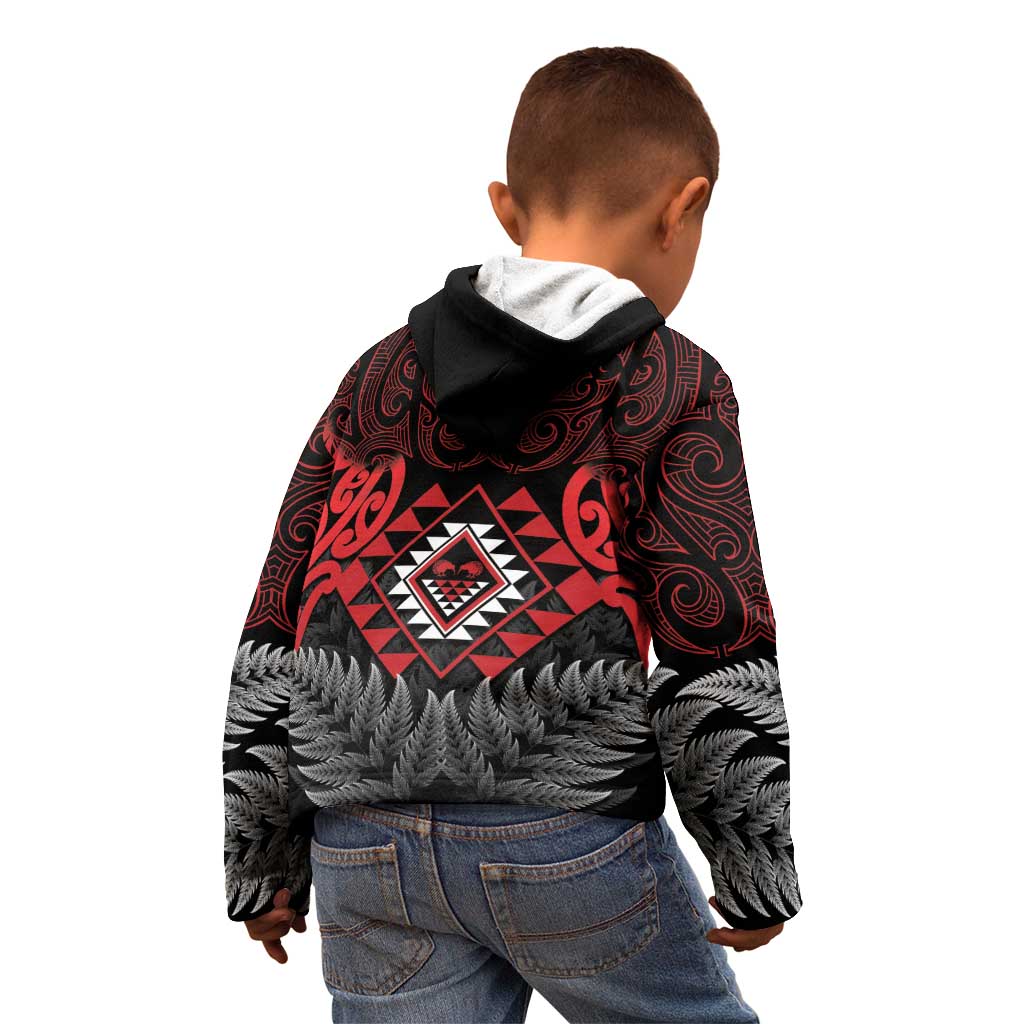 Aotearoa Kiwi Taniko Kid Hoodie Silver Fern With Maori Koru Pattern - Vibe Hoodie Shop