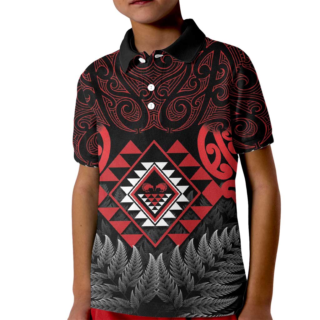 Aotearoa Kiwi Taniko Kid Polo Shirt Silver Fern With Maori Koru Pattern - Vibe Hoodie Shop