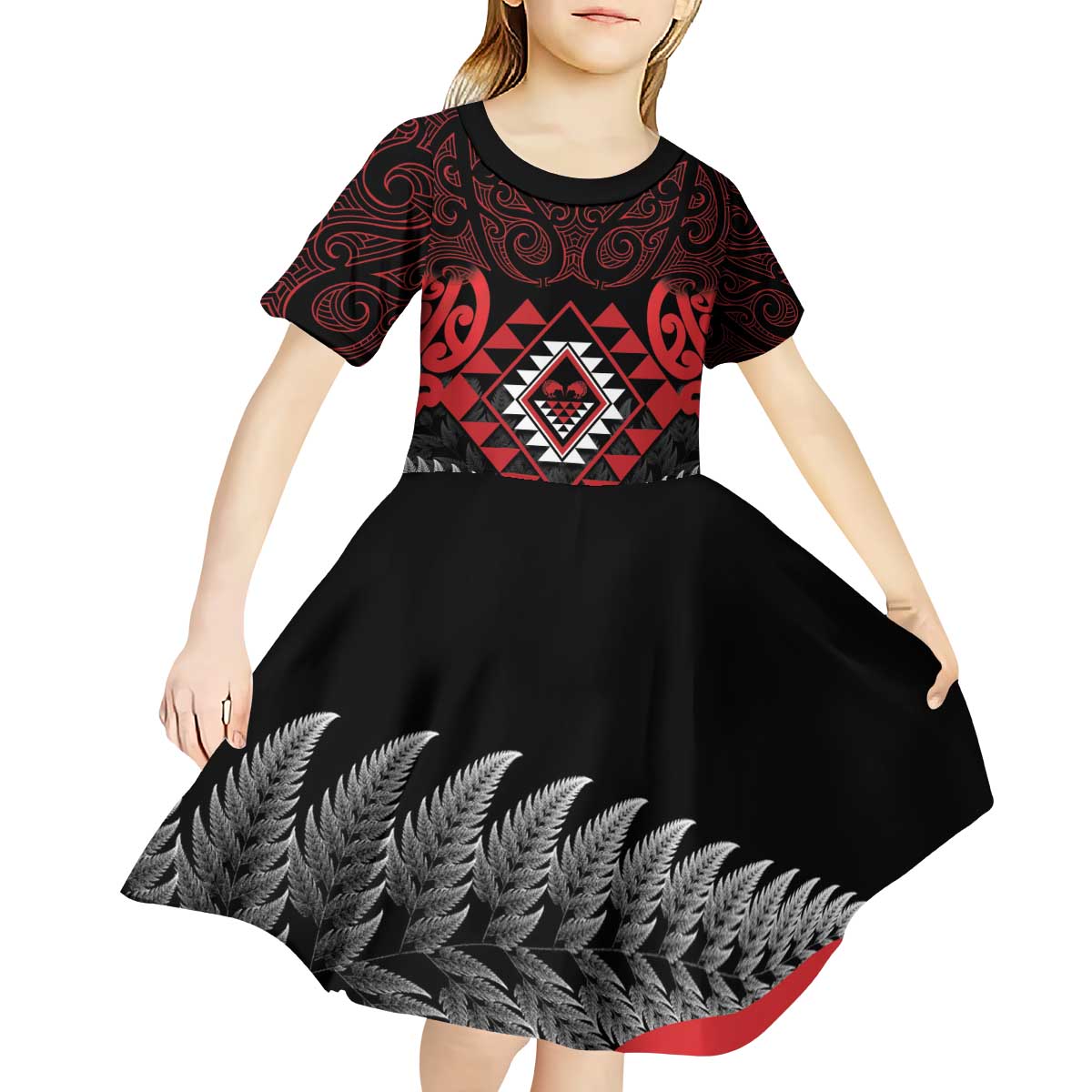 Aotearoa Kiwi Taniko Kid Short Sleeve Dress Silver Fern With Maori Koru Pattern - Vibe Hoodie Shop