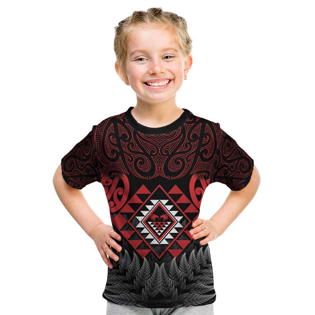 Aotearoa Kiwi Taniko Kid T Shirt Silver Fern With Maori Koru Pattern - Vibe Hoodie Shop