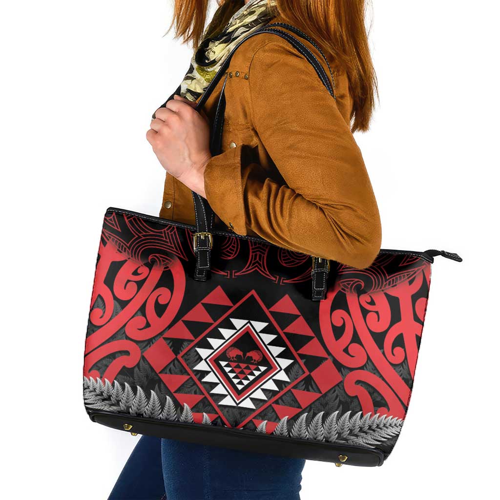 Aotearoa Kiwi Taniko Leather Tote Bag Silver Fern With Maori Koru Pattern