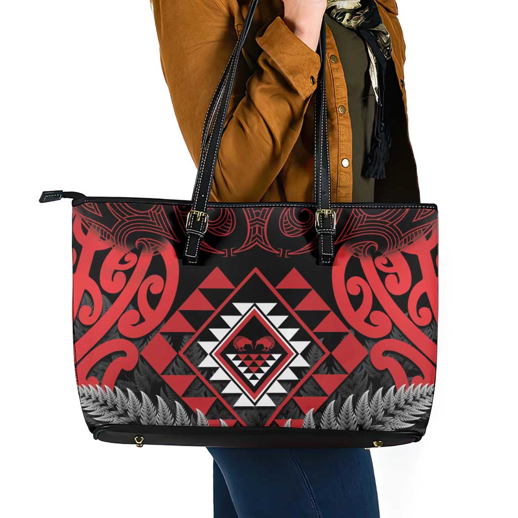 Aotearoa Kiwi Taniko Leather Tote Bag Silver Fern With Maori Koru Pattern