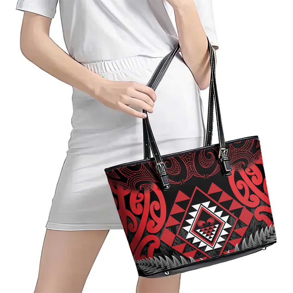 Aotearoa Kiwi Taniko Leather Tote Bag Silver Fern With Maori Koru Pattern