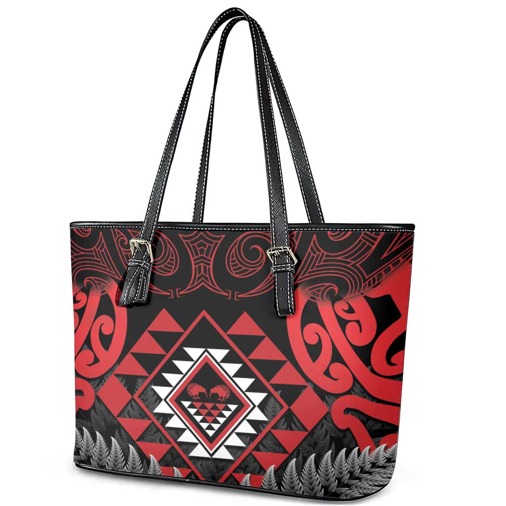 Aotearoa Kiwi Taniko Leather Tote Bag Silver Fern With Maori Koru Pattern