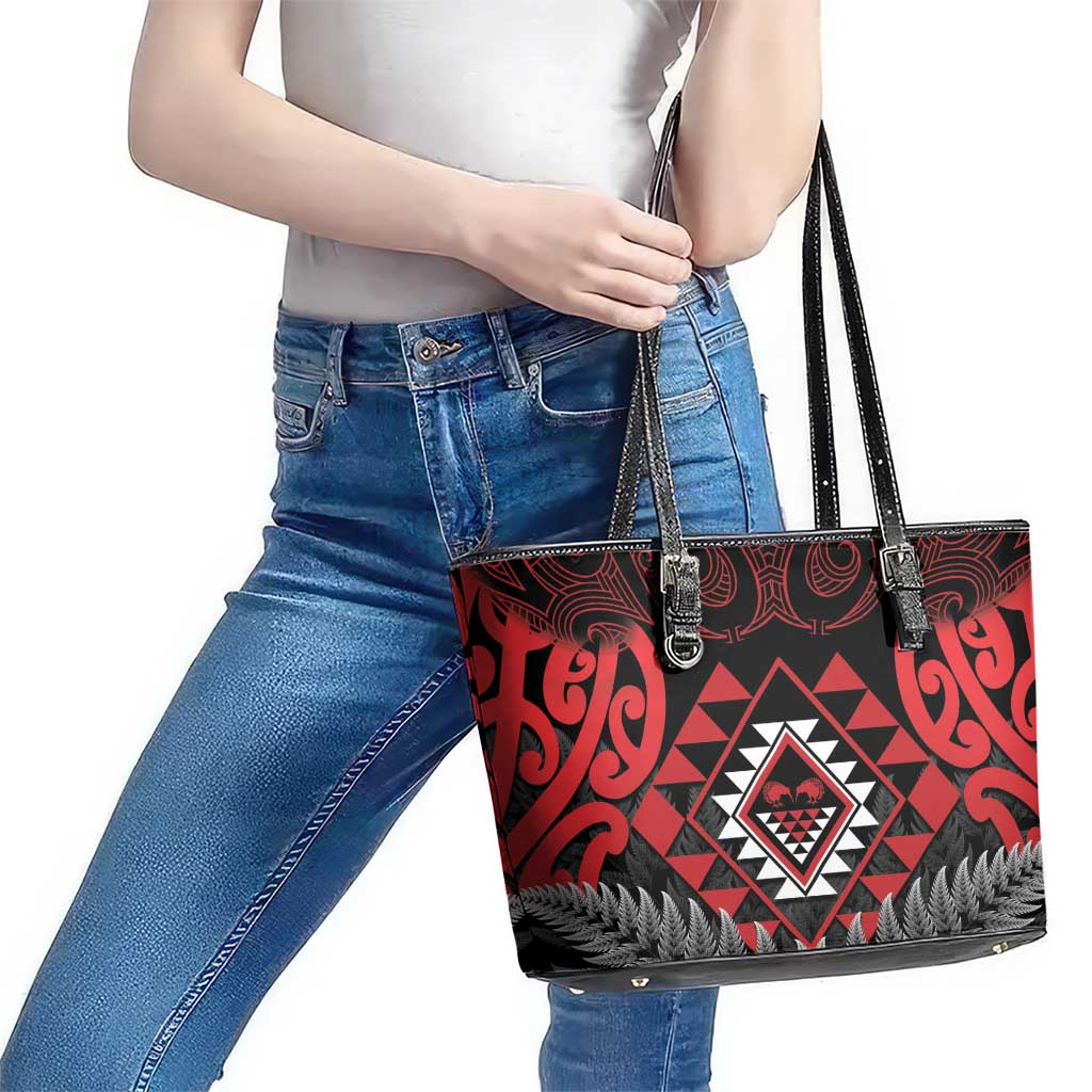 Aotearoa Kiwi Taniko Leather Tote Bag Silver Fern With Maori Koru Pattern