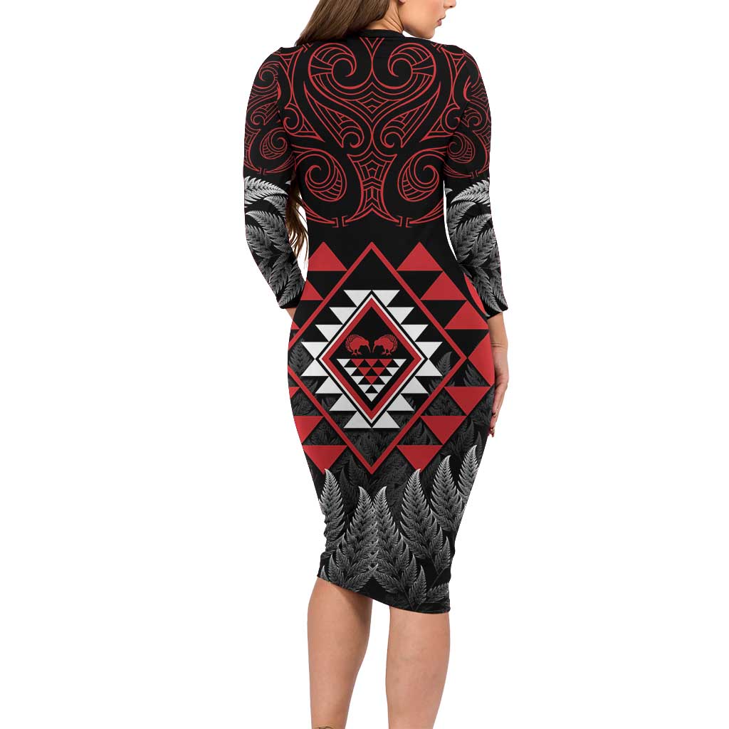 Aotearoa Kiwi Taniko Long Sleeve Bodycon Dress Silver Fern With Maori Koru Pattern