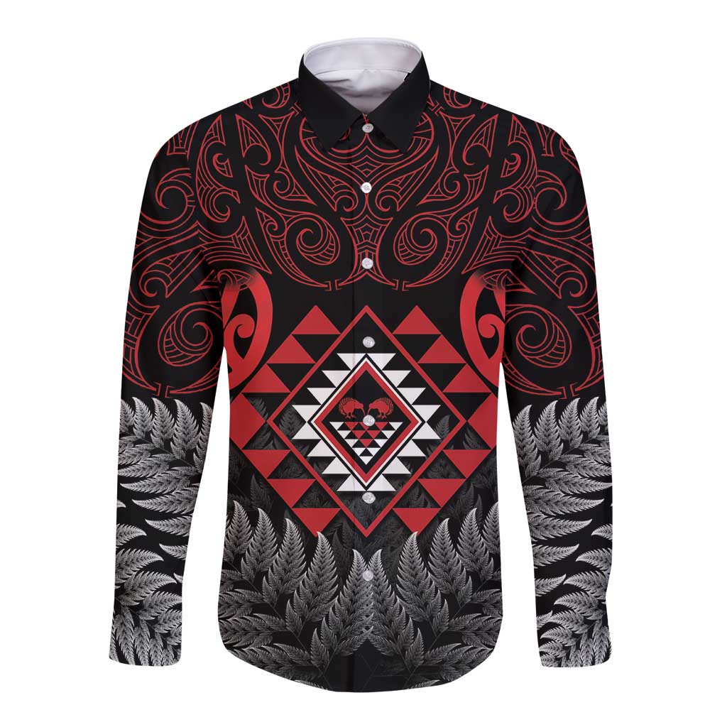 Aotearoa Kiwi Taniko Long Sleeve Button Shirt Silver Fern With Maori Koru Pattern - Vibe Hoodie Shop