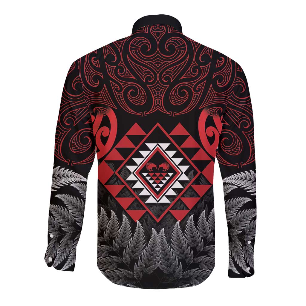 Aotearoa Kiwi Taniko Long Sleeve Button Shirt Silver Fern With Maori Koru Pattern - Vibe Hoodie Shop