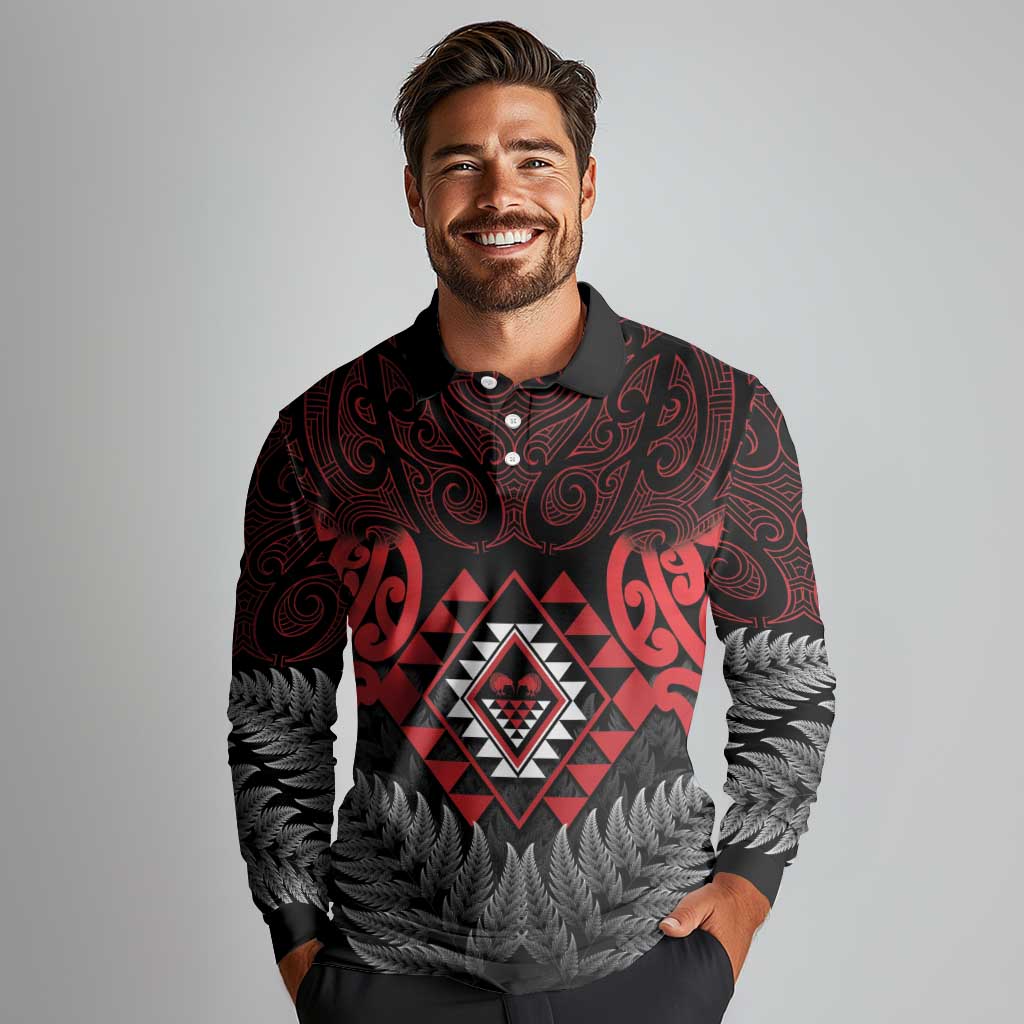 Aotearoa Kiwi Taniko Long Sleeve Polo Shirt Silver Fern With Maori Koru Pattern