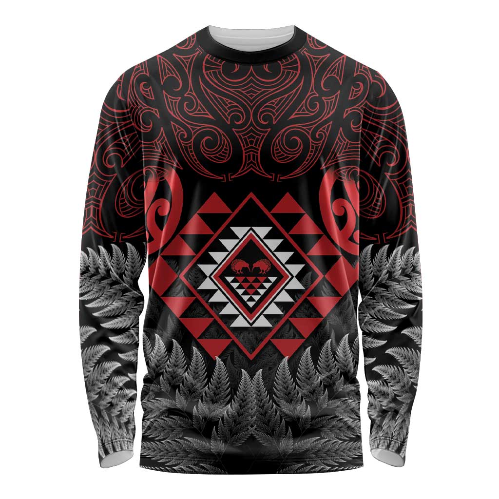 Aotearoa Kiwi Taniko Long Sleeve Shirt Silver Fern With Maori Koru Pattern - Vibe Hoodie Shop