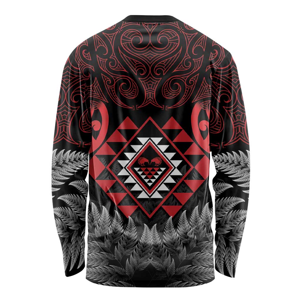 Aotearoa Kiwi Taniko Long Sleeve Shirt Silver Fern With Maori Koru Pattern - Vibe Hoodie Shop