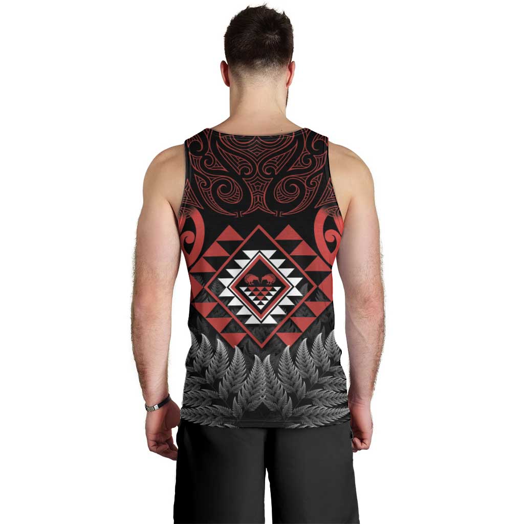 Aotearoa Kiwi Taniko Men Tank Top Silver Fern With Maori Koru Pattern - Vibe Hoodie Shop