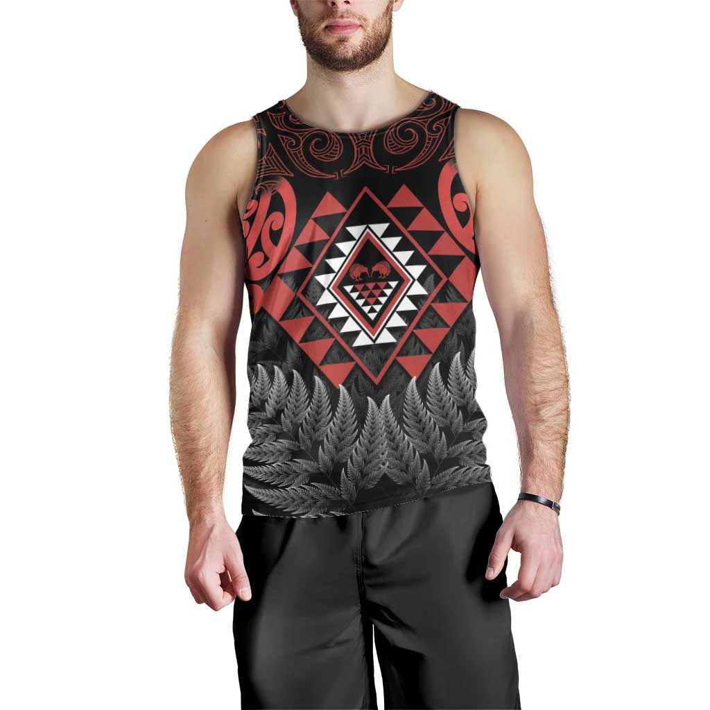 Aotearoa Kiwi Taniko Men Tank Top Silver Fern With Maori Koru Pattern - Vibe Hoodie Shop