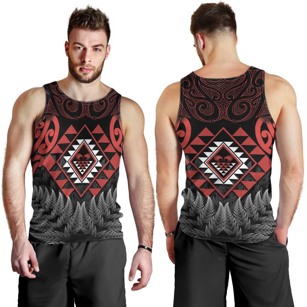 Aotearoa Kiwi Taniko Men Tank Top Silver Fern With Maori Koru Pattern - Vibe Hoodie Shop