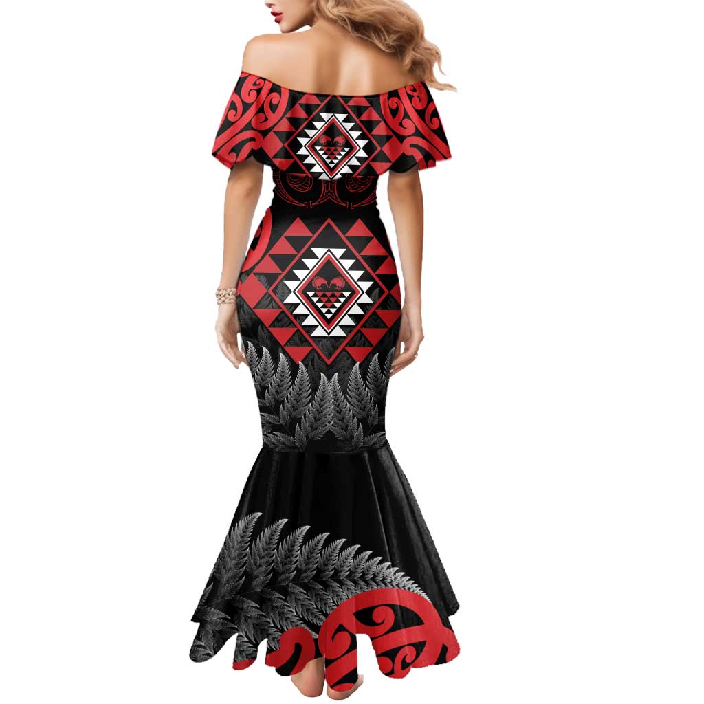 Aotearoa Kiwi Taniko Mermaid Dress Silver Fern With Maori Koru Pattern