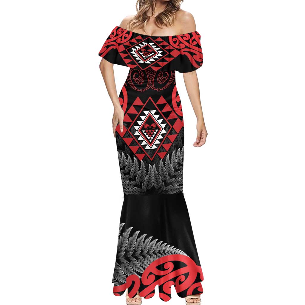 Aotearoa Kiwi Taniko Mermaid Dress Silver Fern With Maori Koru Pattern