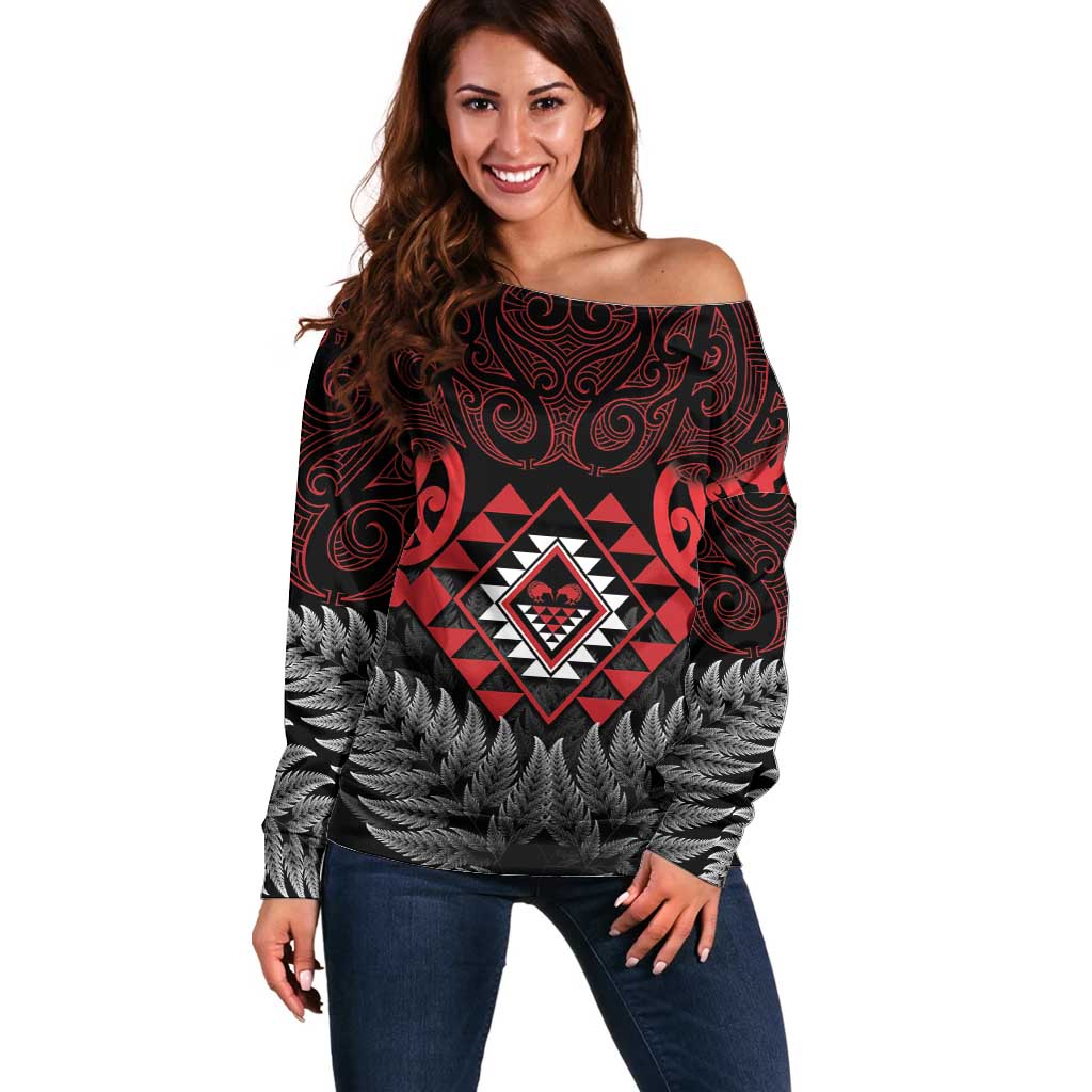 Aotearoa Kiwi Taniko Off Shoulder Sweater Silver Fern With Maori Koru Pattern - Vibe Hoodie Shop