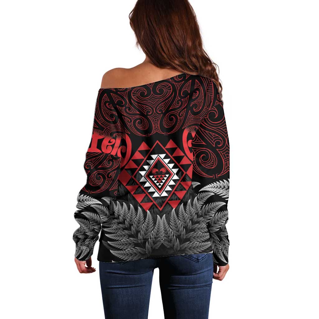 Aotearoa Kiwi Taniko Off Shoulder Sweater Silver Fern With Maori Koru Pattern - Vibe Hoodie Shop