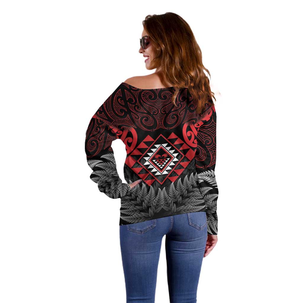 Aotearoa Kiwi Taniko Off Shoulder Sweater Silver Fern With Maori Koru Pattern - Vibe Hoodie Shop