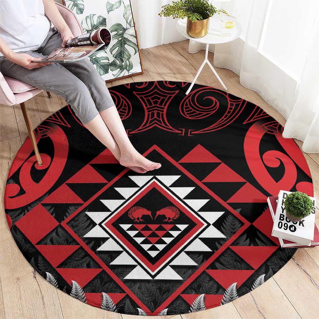 Aotearoa Kiwi Taniko Round Carpet Silver Fern With Maori Koru Pattern