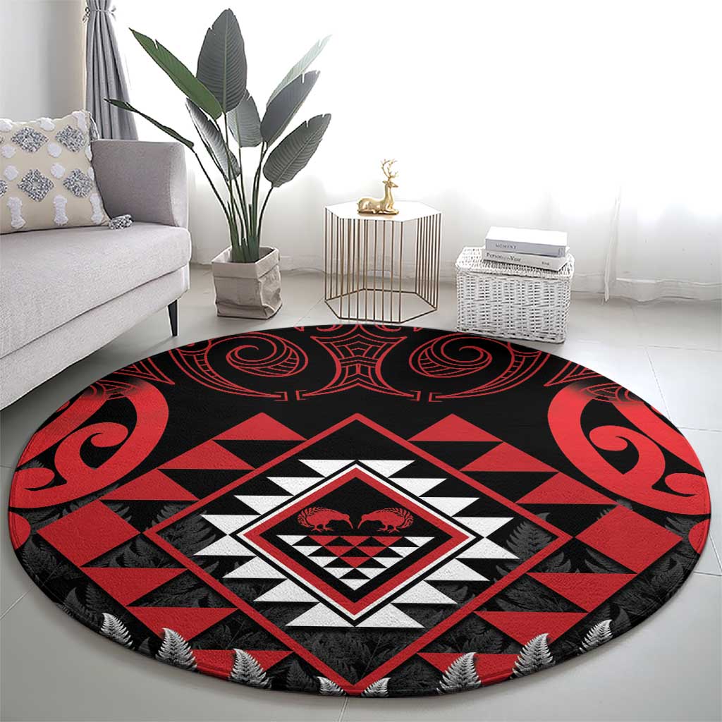 Aotearoa Kiwi Taniko Round Carpet Silver Fern With Maori Koru Pattern