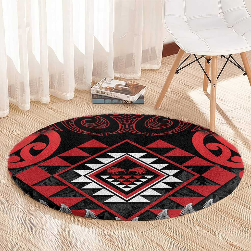 Aotearoa Kiwi Taniko Round Carpet Silver Fern With Maori Koru Pattern