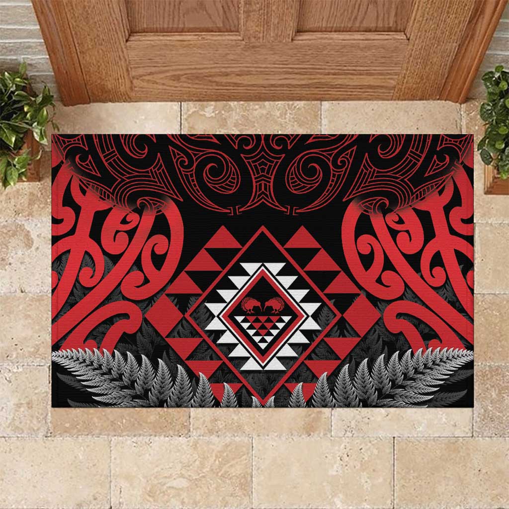 Aotearoa Kiwi Taniko Rubber Doormat Silver Fern With Maori Koru Pattern