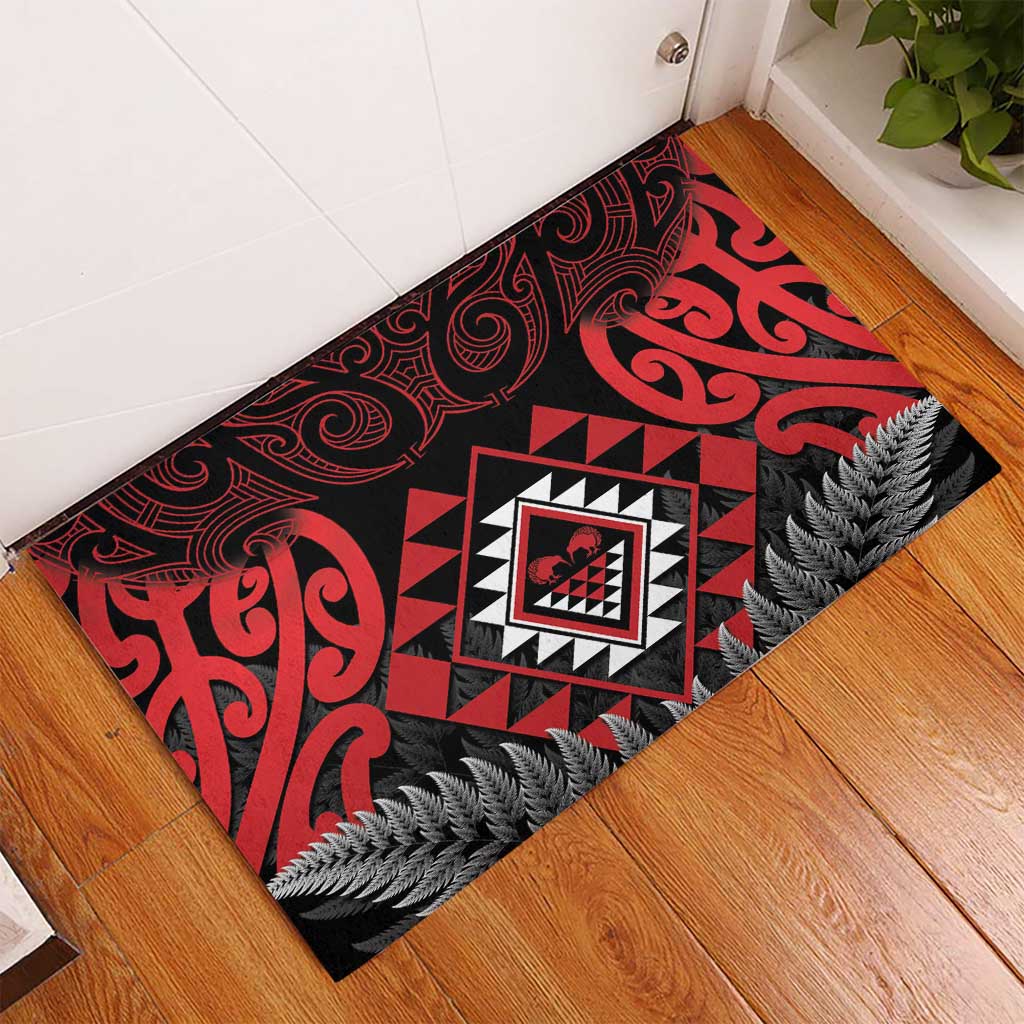 Aotearoa Kiwi Taniko Rubber Doormat Silver Fern With Maori Koru Pattern