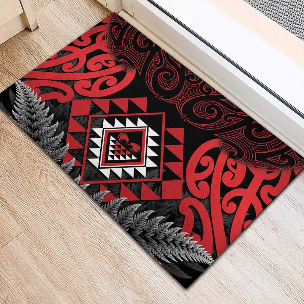 Aotearoa Kiwi Taniko Rubber Doormat Silver Fern With Maori Koru Pattern