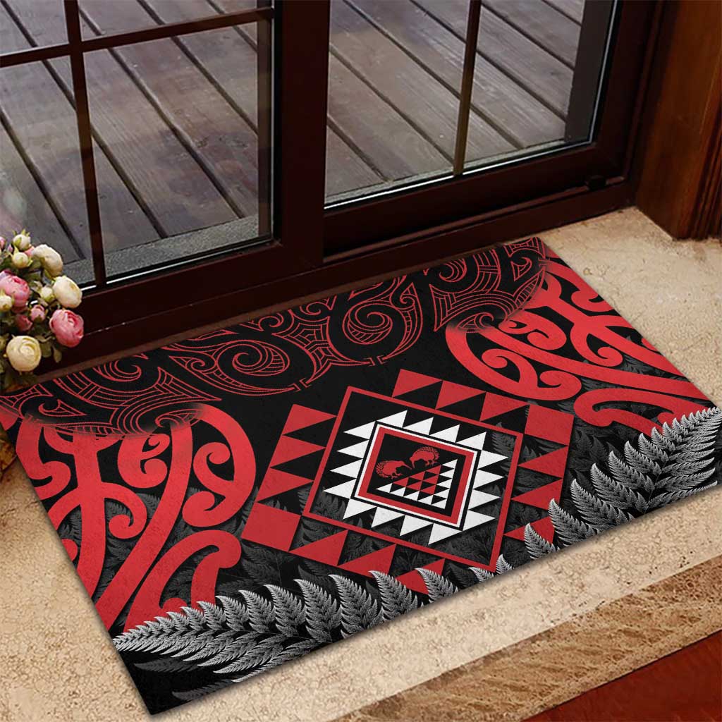 Aotearoa Kiwi Taniko Rubber Doormat Silver Fern With Maori Koru Pattern