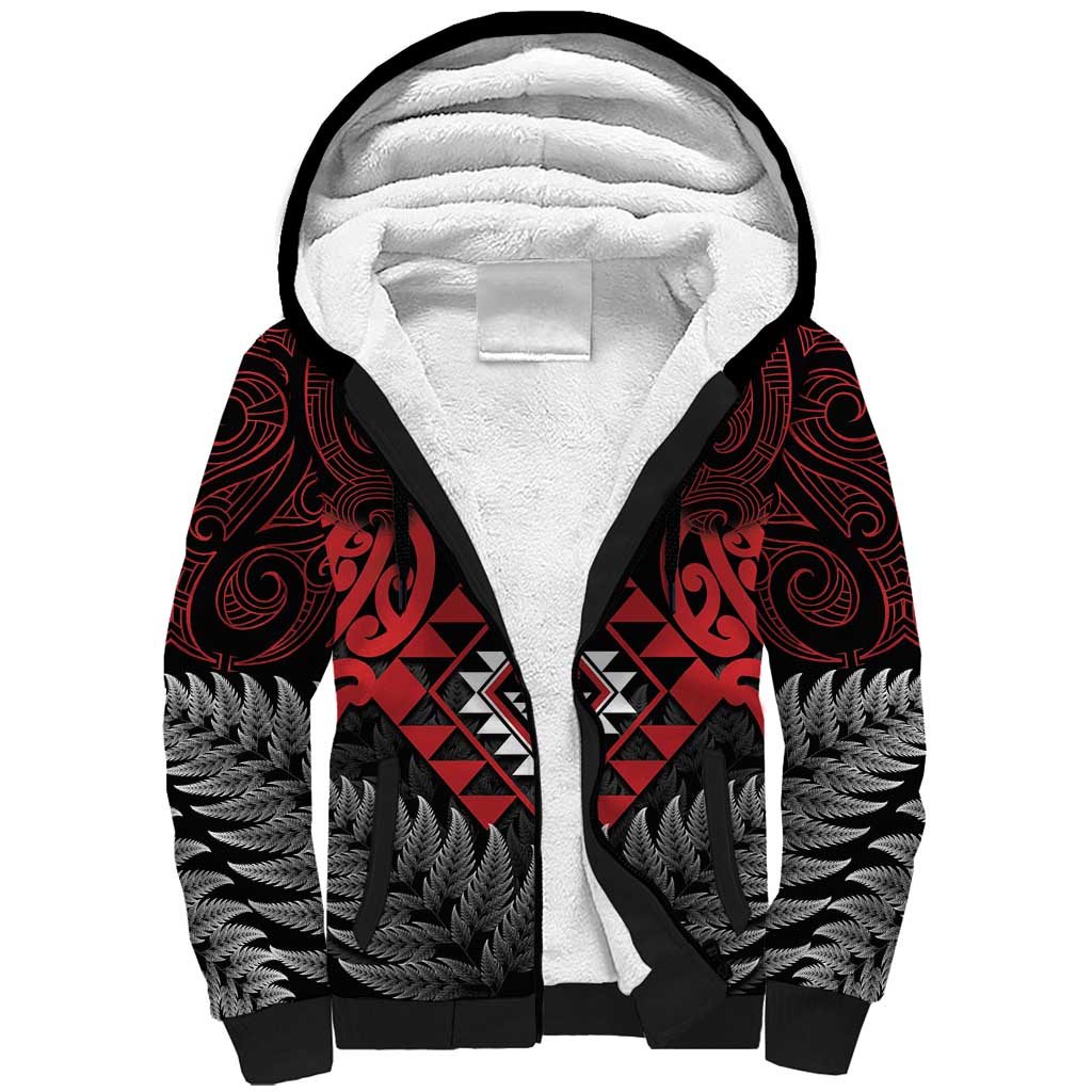 Aotearoa Kiwi Taniko Sherpa Hoodie Silver Fern With Maori Koru Pattern - Vibe Hoodie Shop