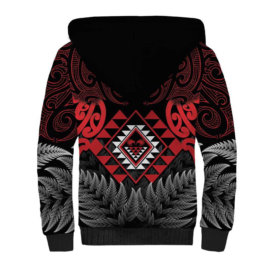 Aotearoa Kiwi Taniko Sherpa Hoodie Silver Fern With Maori Koru Pattern - Vibe Hoodie Shop