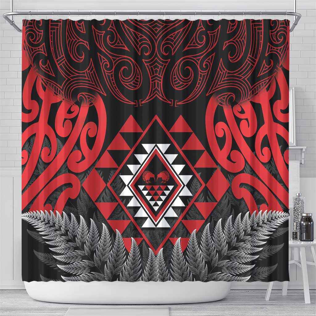 Aotearoa Kiwi Taniko Shower Curtain Silver Fern With Maori Koru Pattern