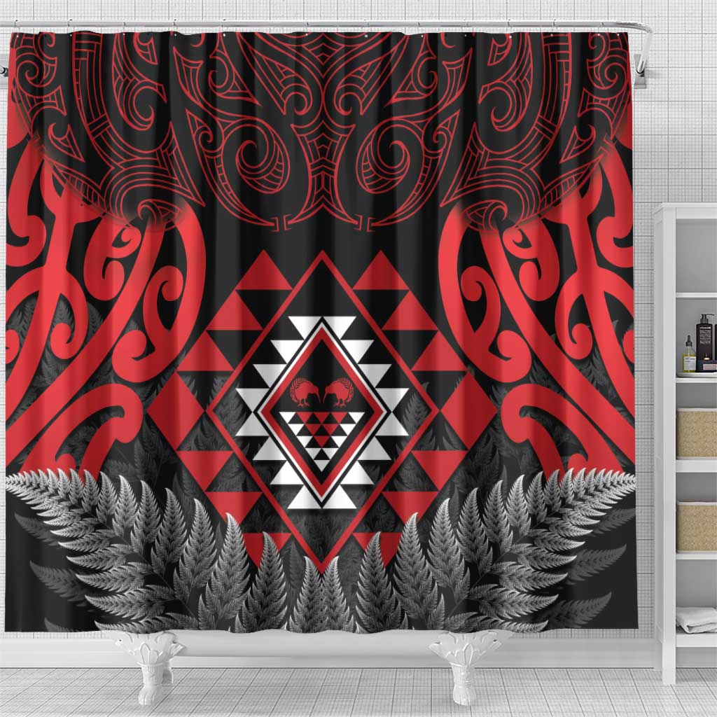 Aotearoa Kiwi Taniko Shower Curtain Silver Fern With Maori Koru Pattern