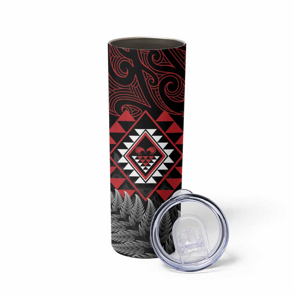 Aotearoa Kiwi Taniko Skinny Tumbler Silver Fern With Maori Koru Pattern