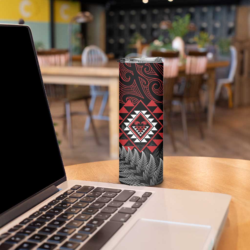 Aotearoa Kiwi Taniko Skinny Tumbler Silver Fern With Maori Koru Pattern