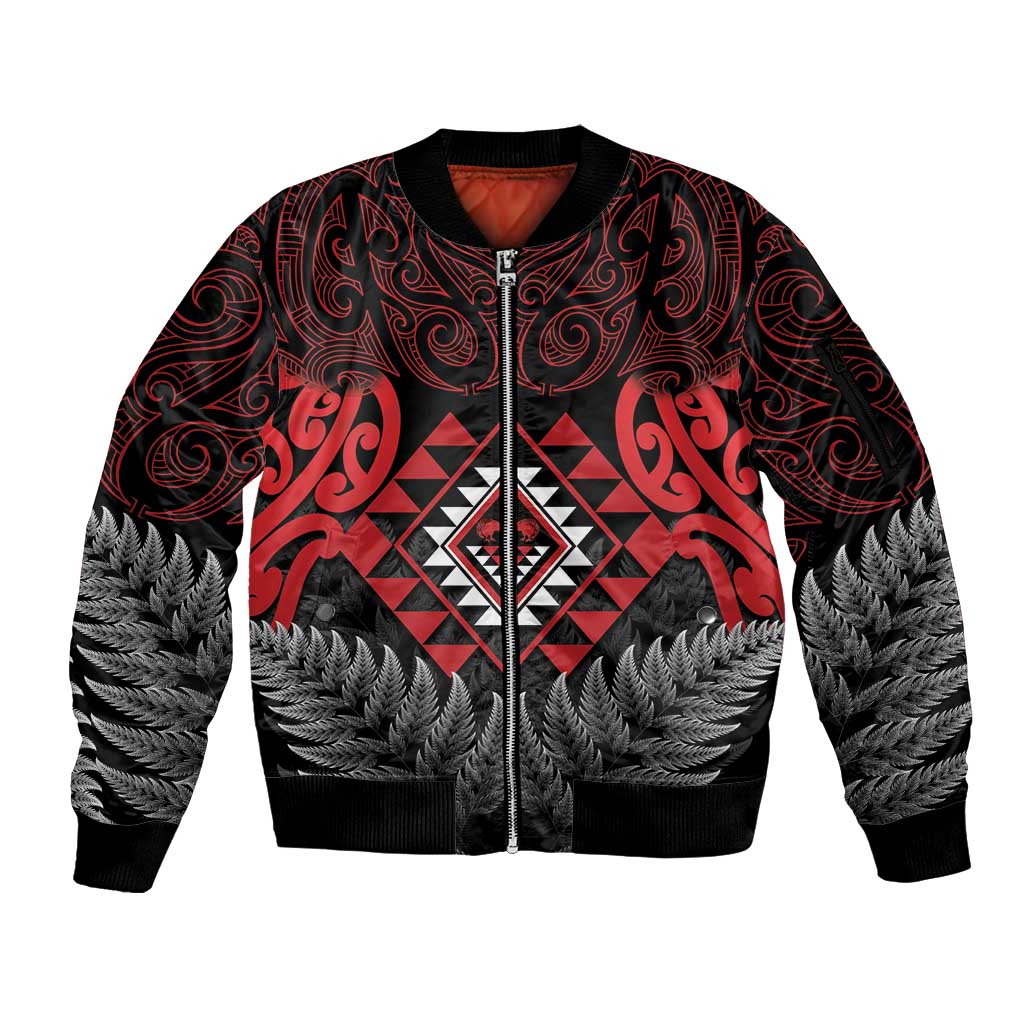 Aotearoa Kiwi Taniko Sleeve Zip Bomber Jacket Silver Fern With Maori Koru Pattern