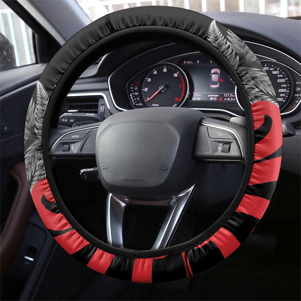 Aotearoa Kiwi Taniko Steering Wheel Cover Silver Fern With Maori Koru Pattern