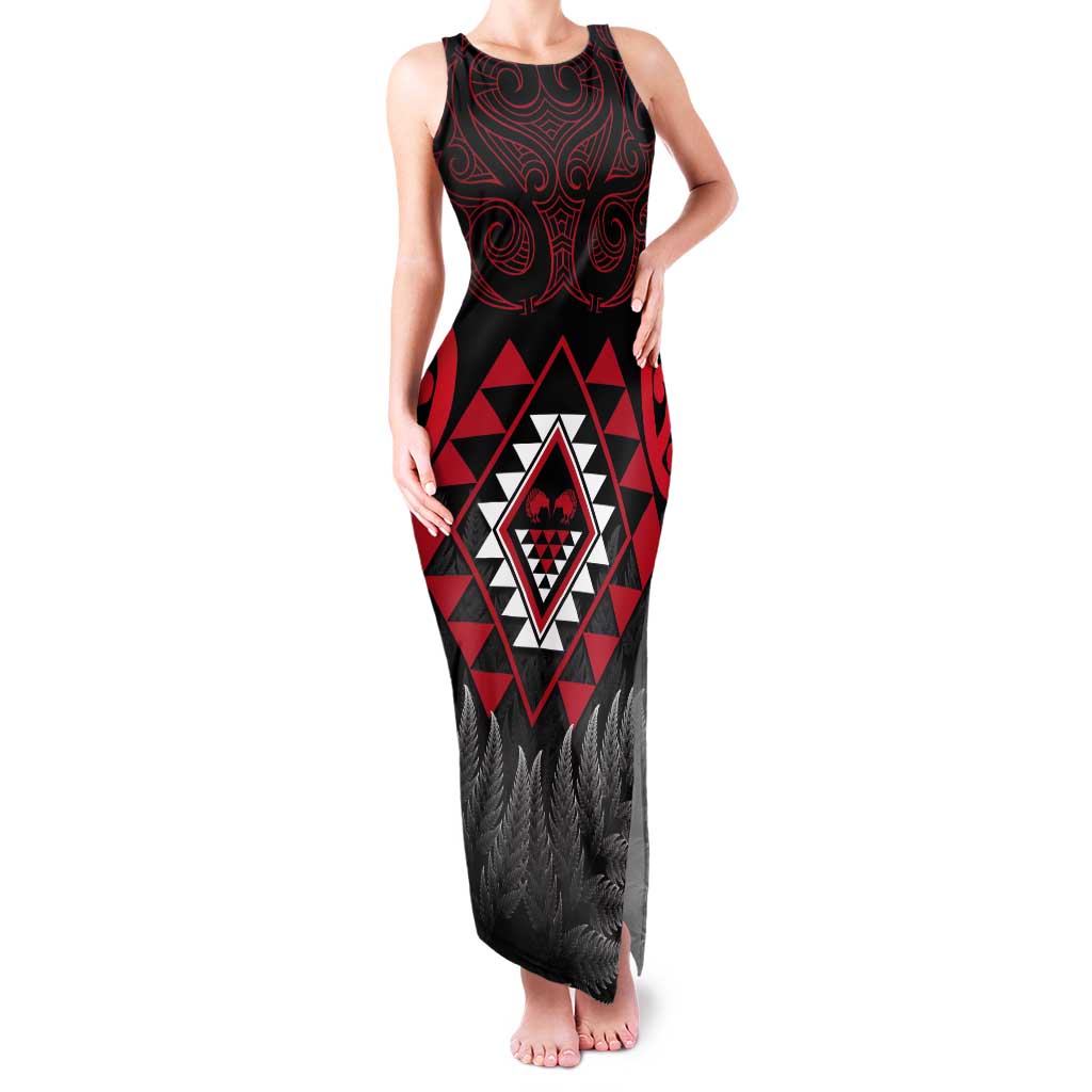 Aotearoa Kiwi Taniko Tank Maxi Dress Silver Fern With Maori Koru Pattern