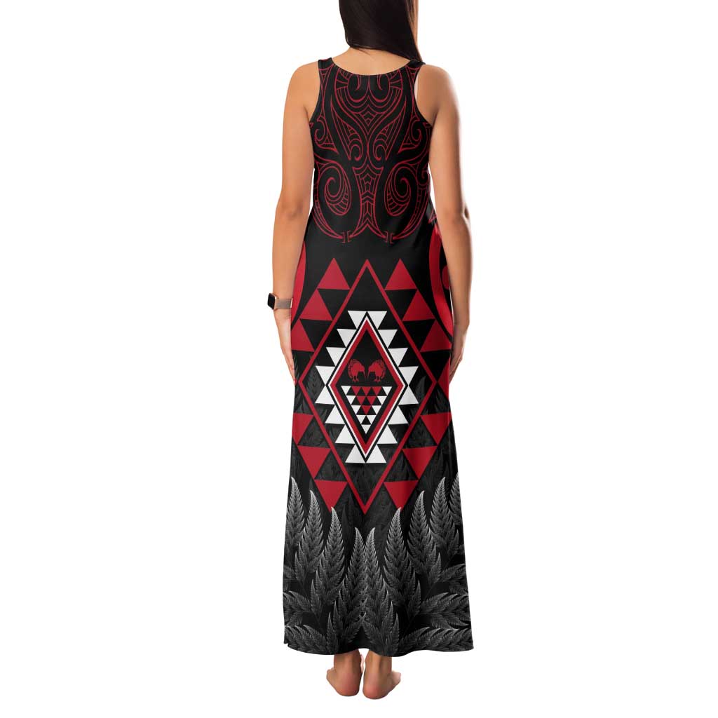 Aotearoa Kiwi Taniko Tank Maxi Dress Silver Fern With Maori Koru Pattern