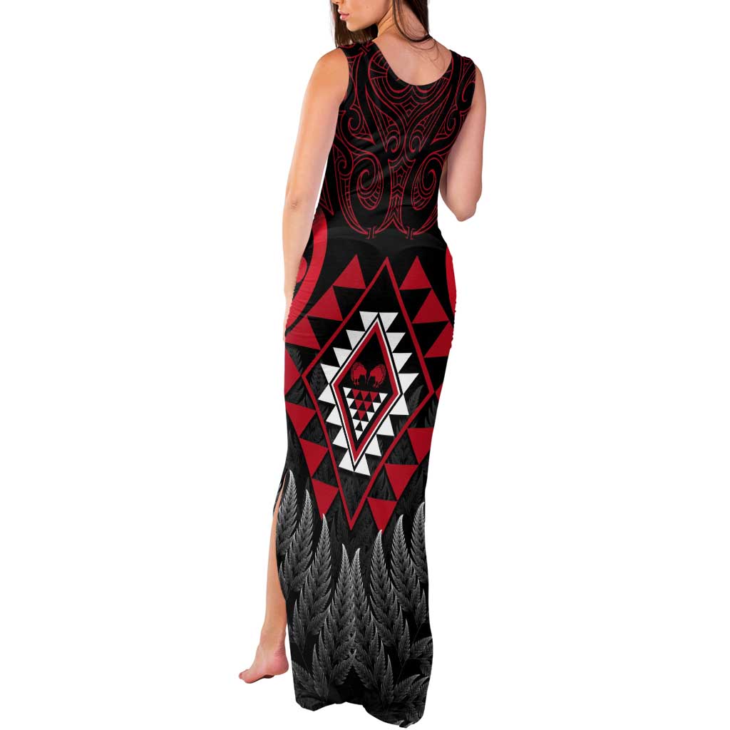 Aotearoa Kiwi Taniko Tank Maxi Dress Silver Fern With Maori Koru Pattern